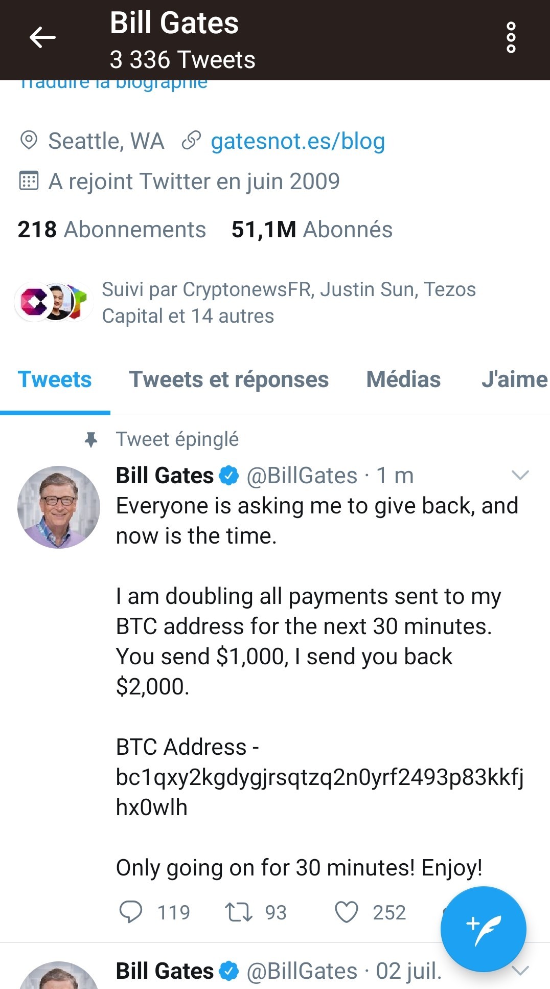Twitter hack 15 juillet Bill gates